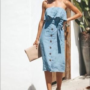 Brand new! Button Down Strapless Linen Dress - Blue